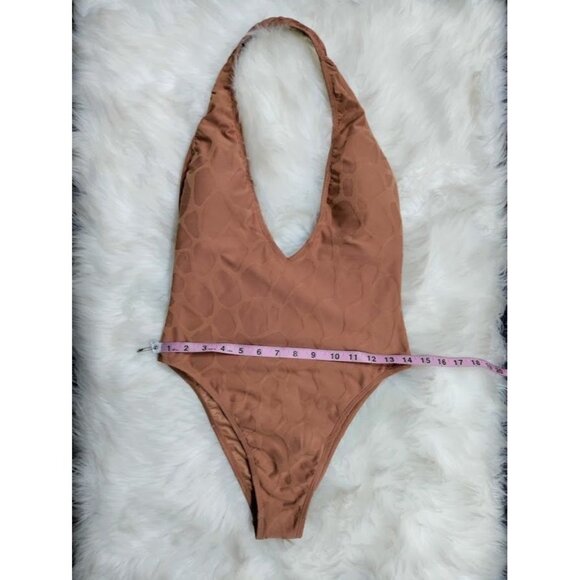 Monob Halter V-Neck Brown Giraffe Print One-Piece Swimsuit Nylon/Spandex Nude L - Picture 6 of 12